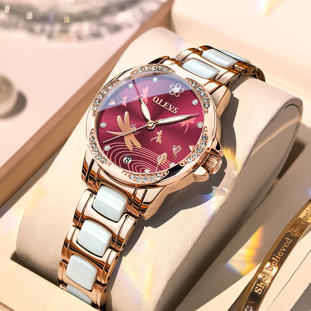 OLEVS 6610 Automatic Mechanical Ceramic Dragonfly Watch for Women