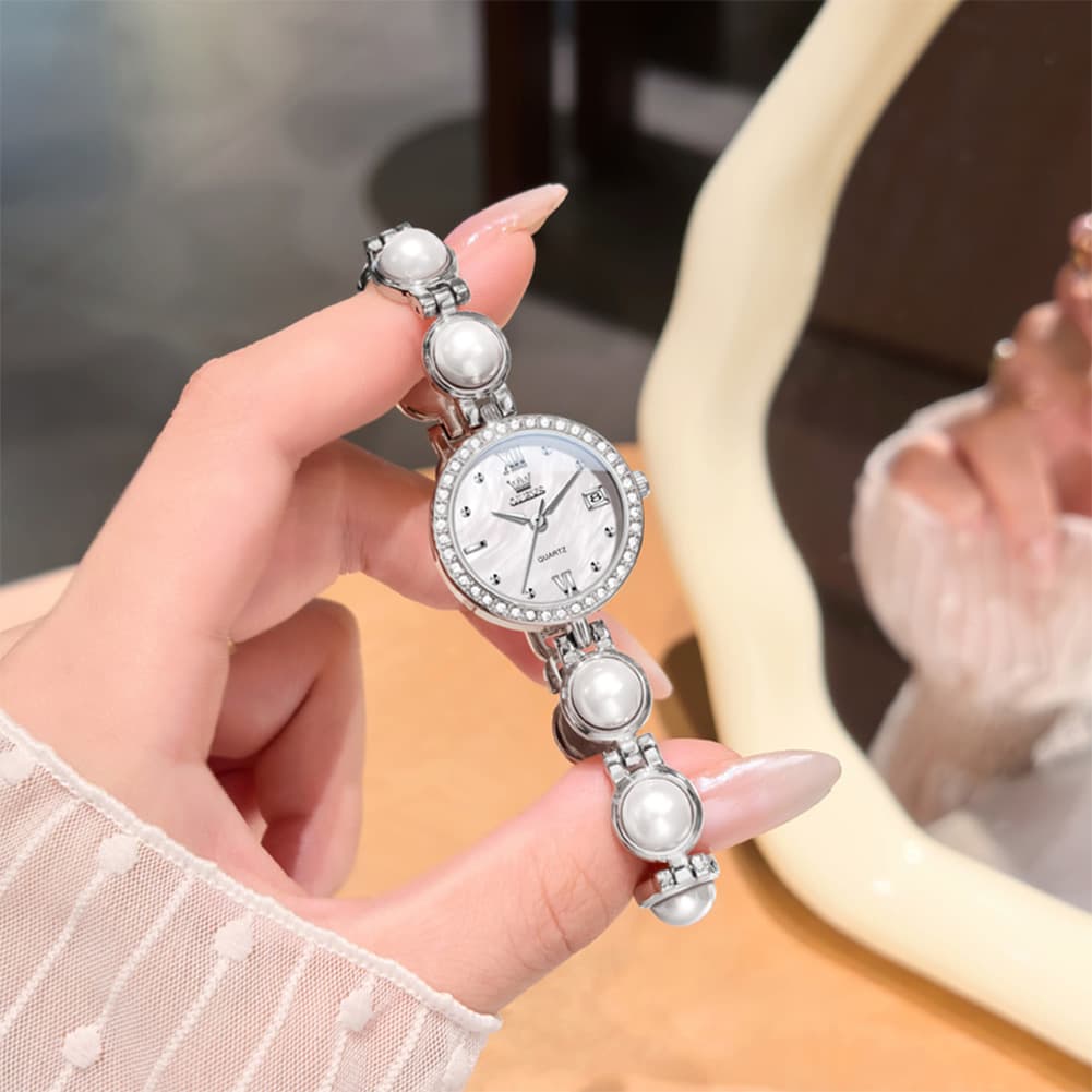 OLEVS 5669 Pearl Bracelet Watch Zircon Bezel Quartz Jewelry Timepiece for Women