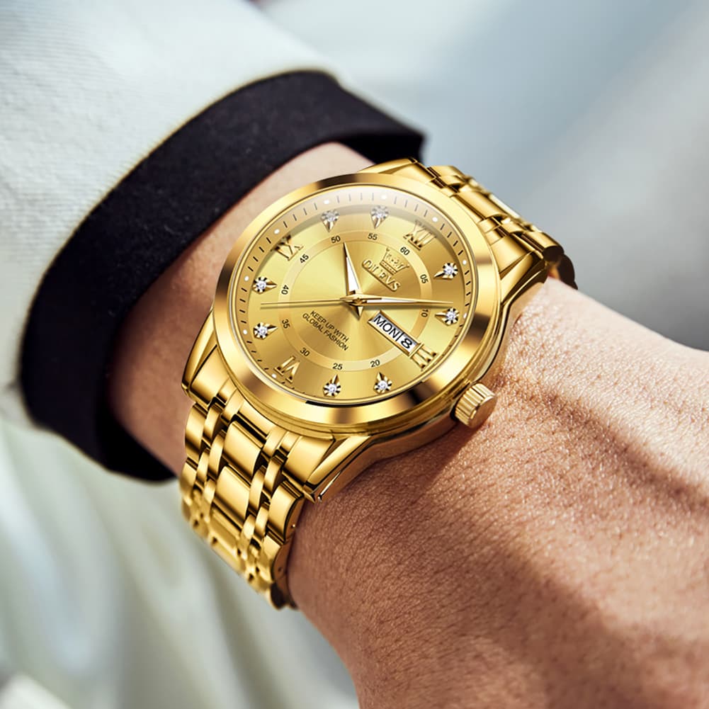 OLEVS Diamond Dial Day Date Quartz Watch 5513 Steel Band for Men