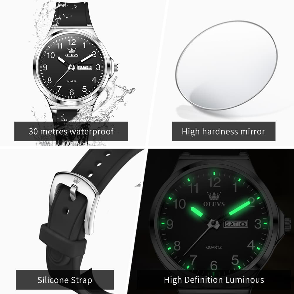 OLEVS 5647 Ultra Thin Day Date Quartz Watch Silicone Strap Casual Timepiece for Men and Women