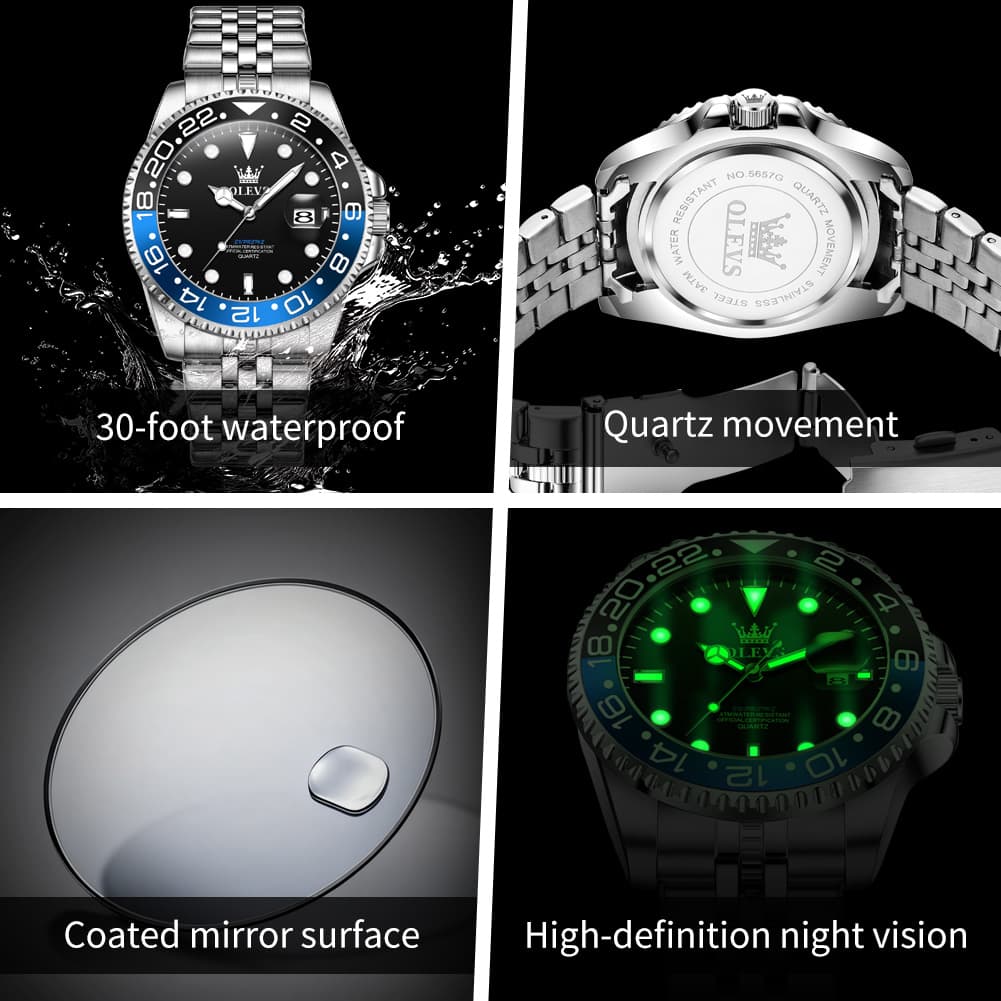 OLEVS 5657 Rotating Bezel Sports Watch Stainless Steel Jubilee Bracelet Quartz Timepiece for Men