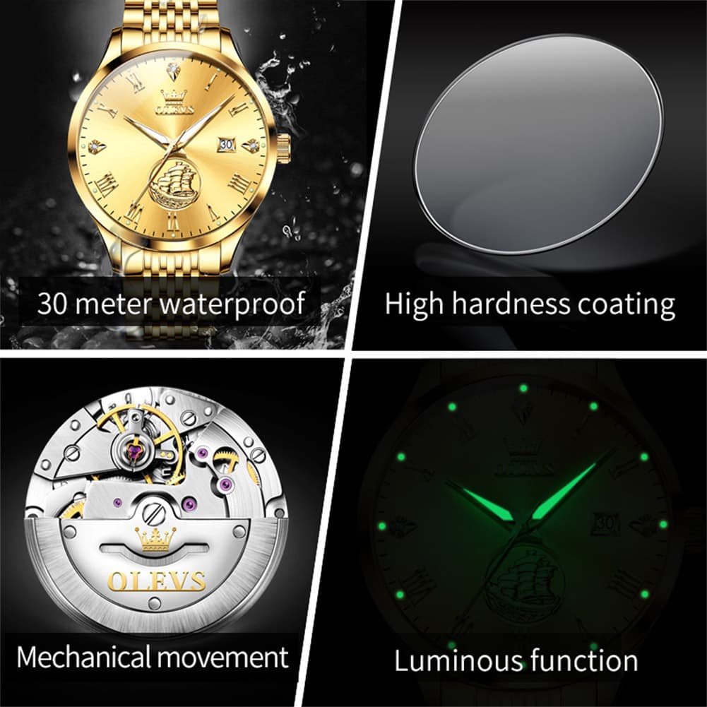 OLEVS 6696 3D Sailboat Mechanical Steel Watch for Men