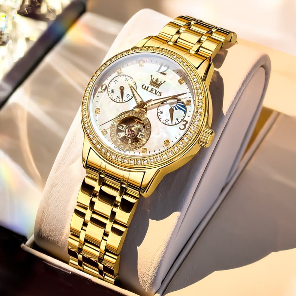 OLEVS 6750 Diamond Bezel Skeleton Mechanical Watch for Women
