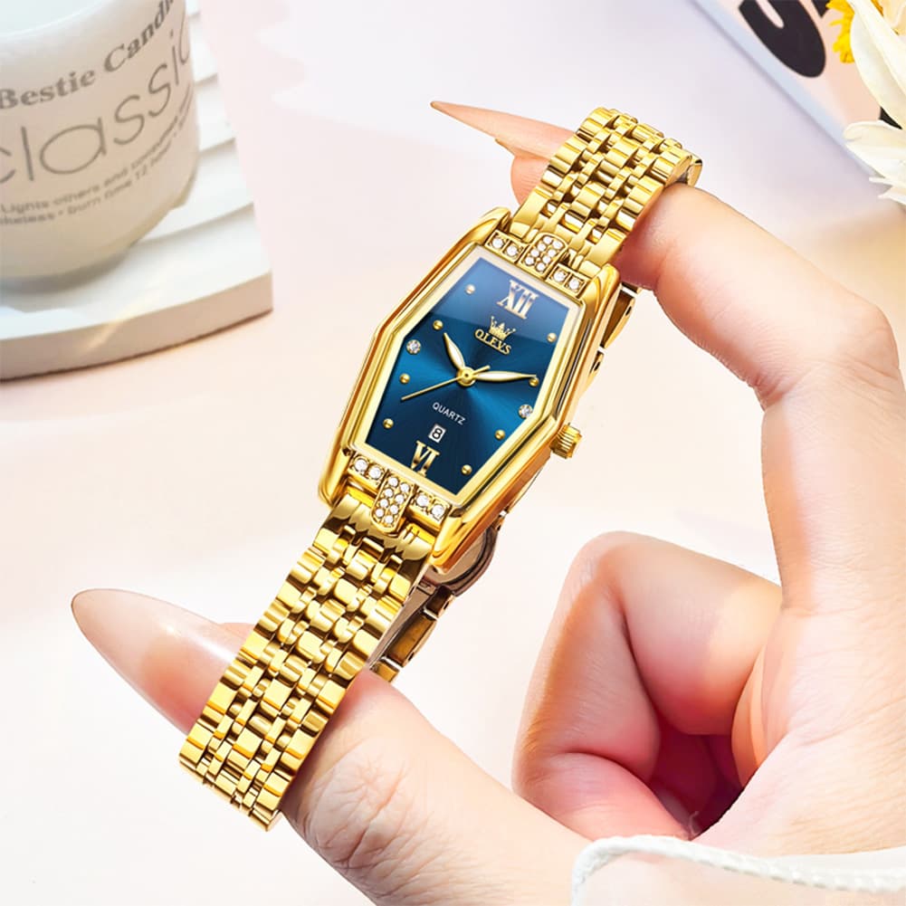 OLEVS 3699 Tonneau Geometric Crystal Womens Dress Watch