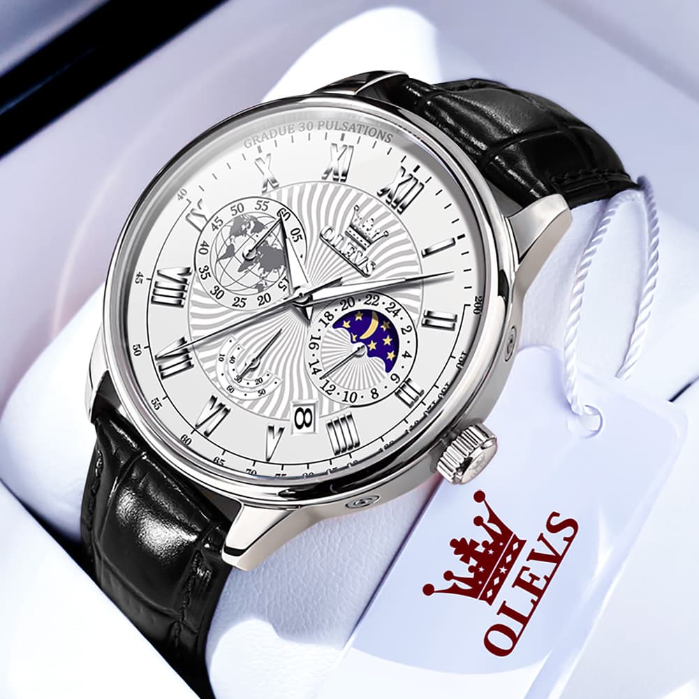 OLEVS 2893 Leather Pulsometer Moon Phase Watch for Men