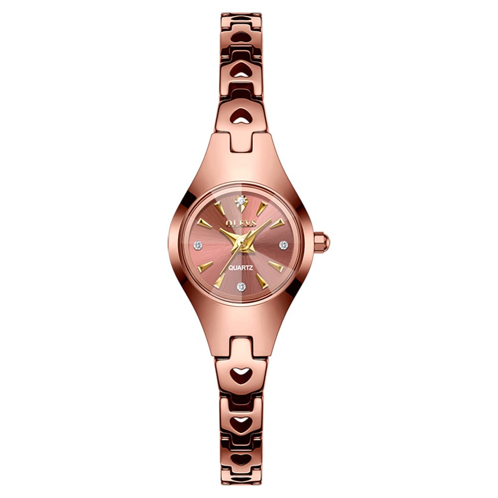 OLEVS 7082 Tungsten Steel Watch Dainty Heart Link Faceted Bracelet Diamond Accent Quartz Timepiece for Women