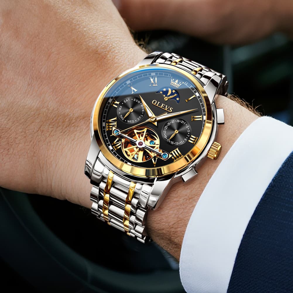 OLEVS 6617 Automatic Mechanical Tourbillon Moon Phase Watch for Men