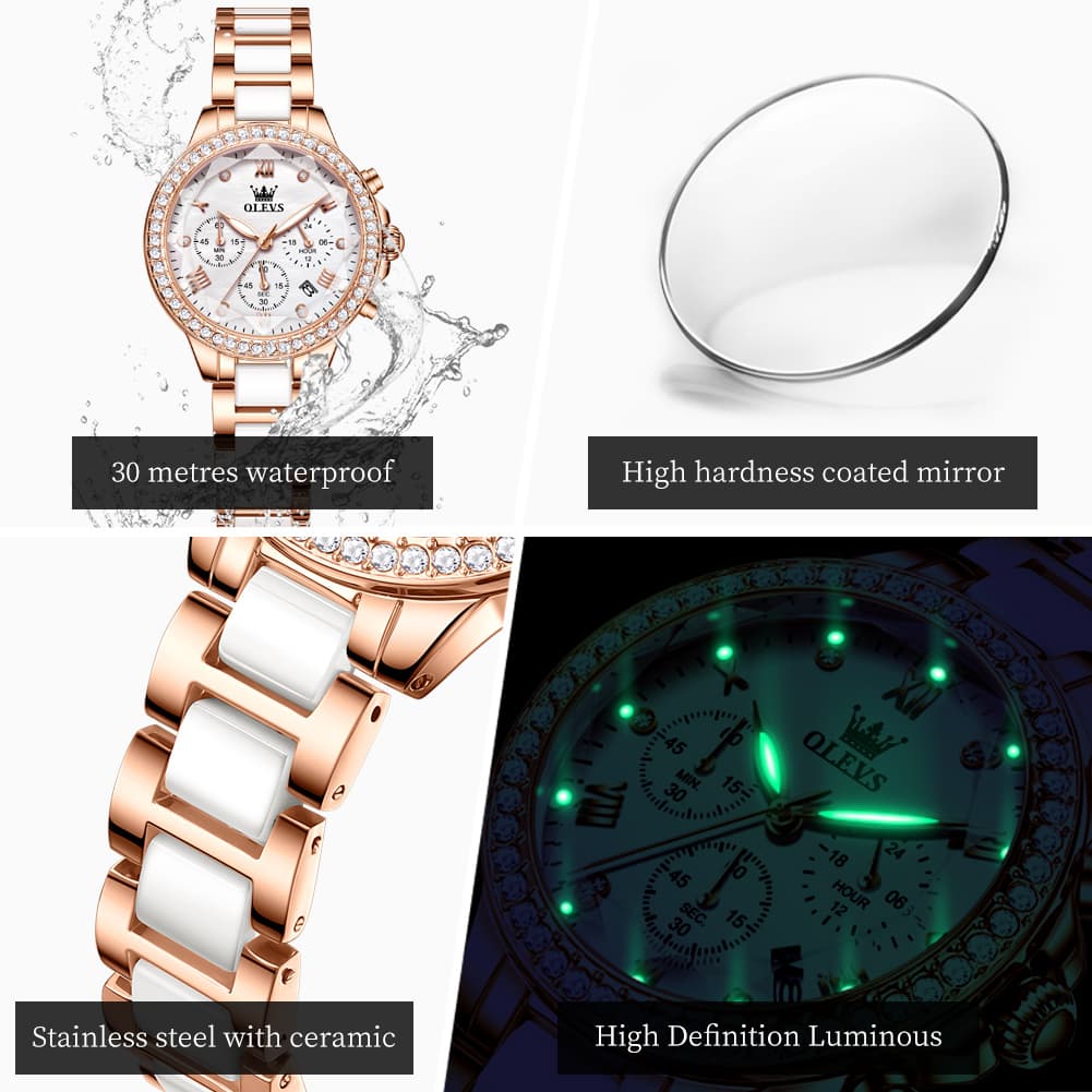 OLEVS 9999 Diamond Bezel Chronograph Ceramic Watch for Women