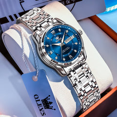 OLEVS Diamond Dial Day Date Quartz Watch 5513 Steel Band for Women
