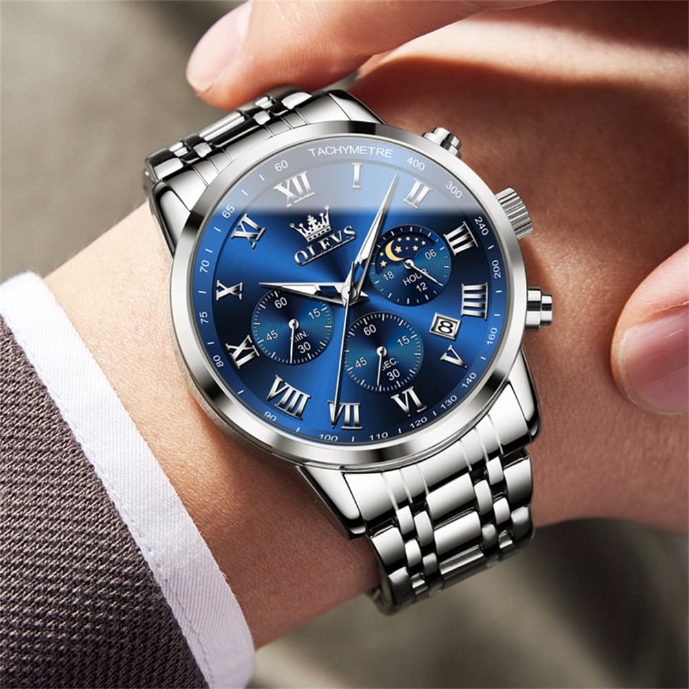 OLEVS Chronograph Moon Phase Dress Watch for Men Stainless Steel 5529