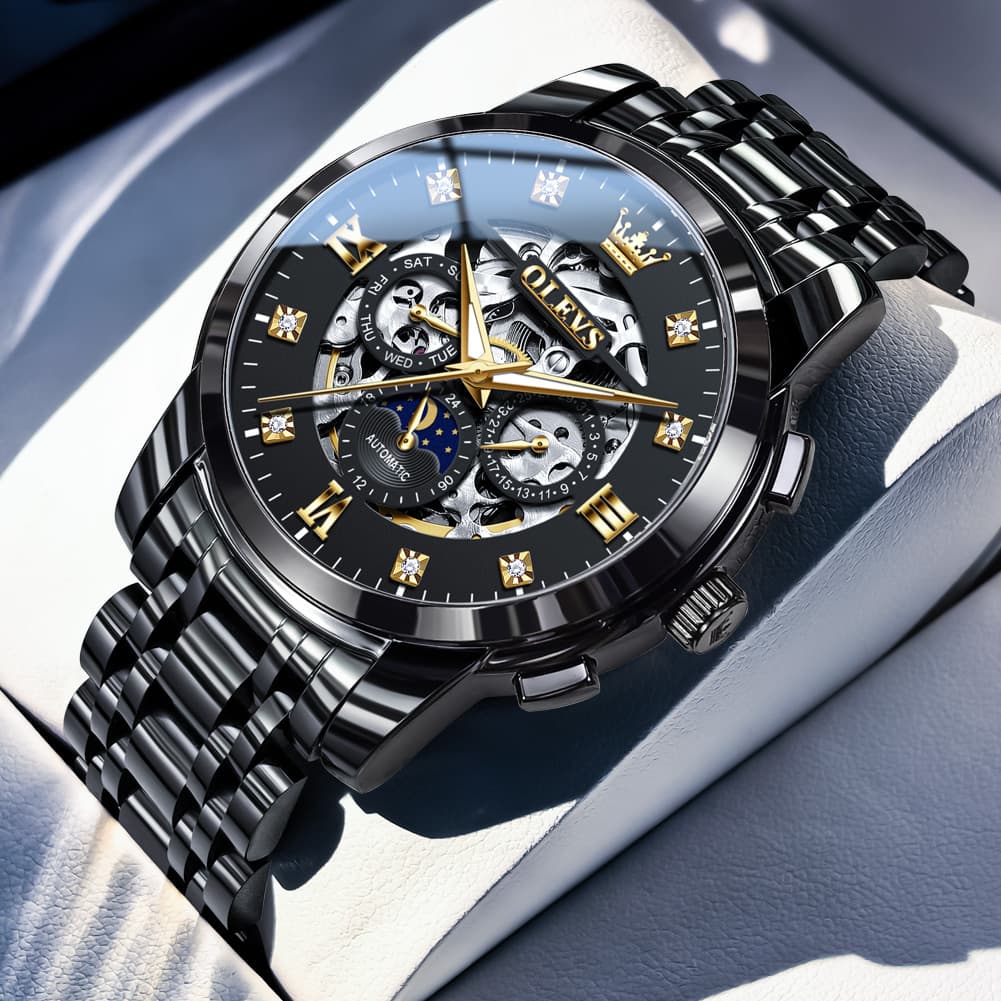 OLEVS 6721 Openwork Skeleton Diamond Dial Moon Phase Calendar Mechanical Watch For Men