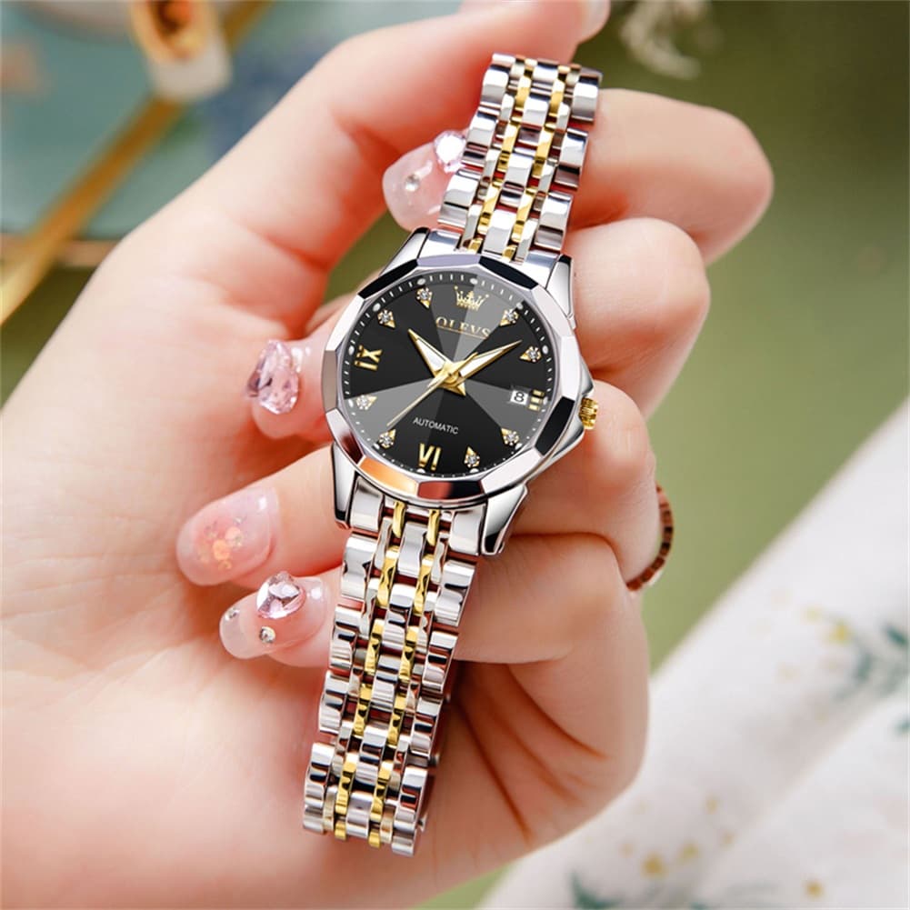 OLEVS 3D Diamond Cut Mirror Automatic Mechanical Watch 9982 for Women