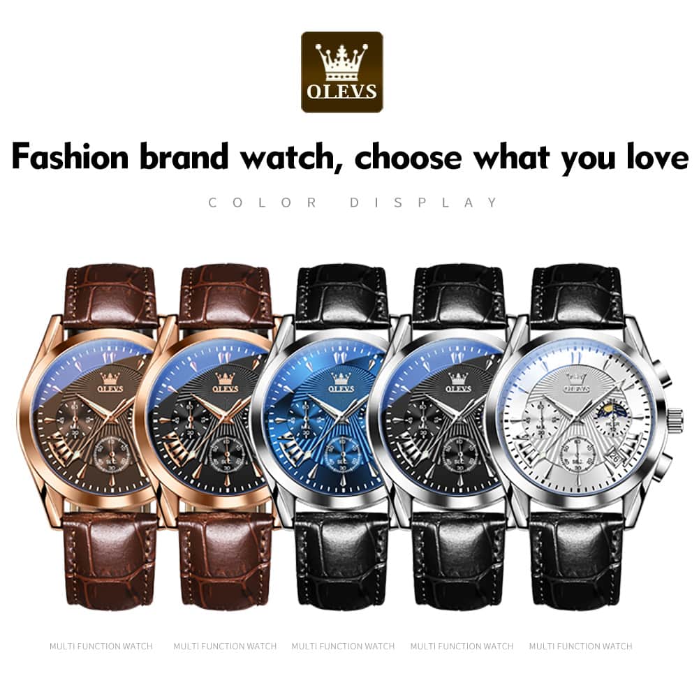 OLEVS 2876 Luxury Moon Phase Chronograph Leather Watch for Men