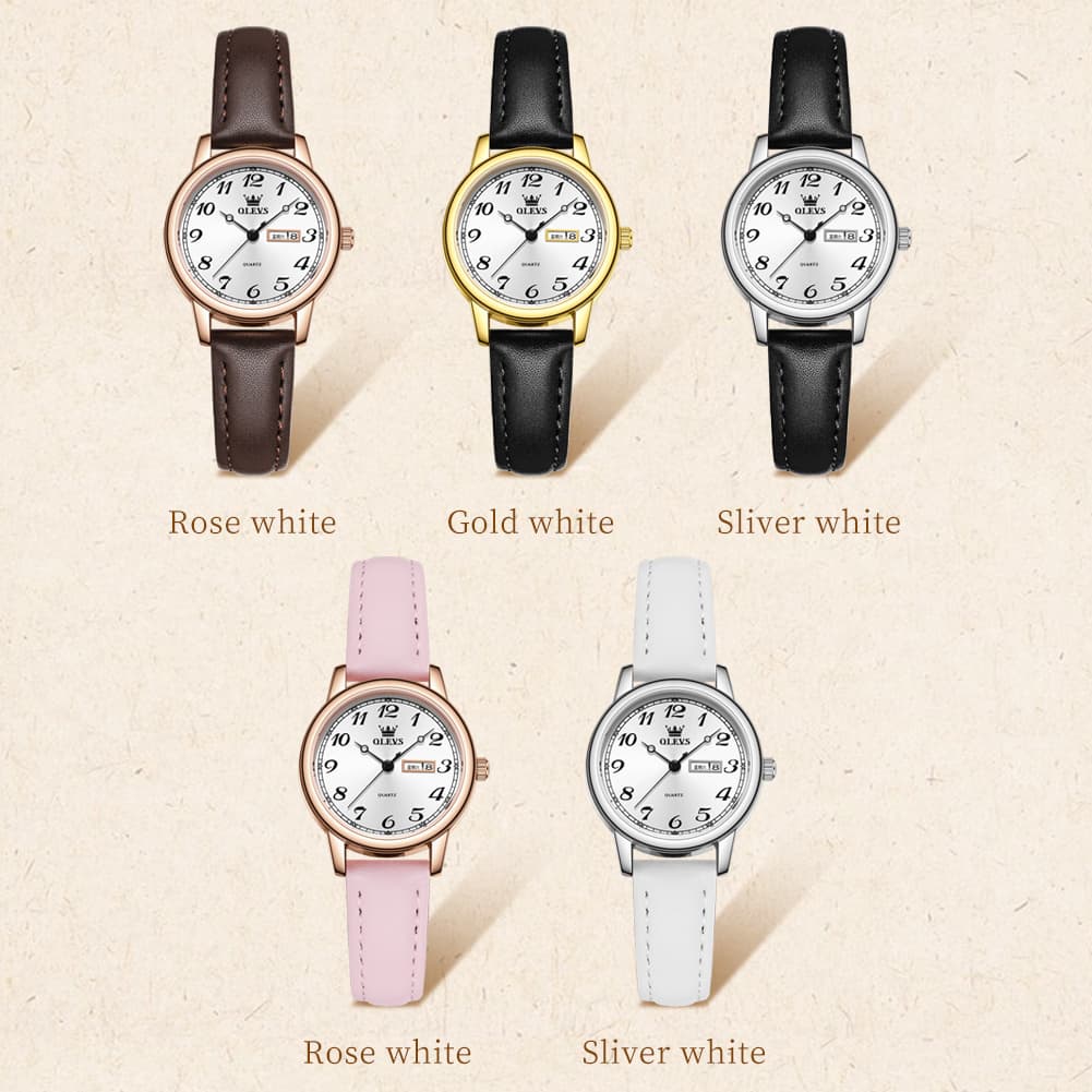 OLEVS 5662 Petite Vintage Quartz Watch Day Date Leather Strap Elegant Dress Timepiece for Women