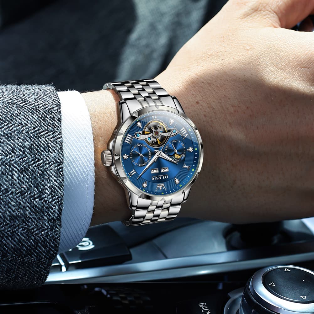 OLEVS 6691 Automatic Moon Phase Skeleton Steel Watch for Men
