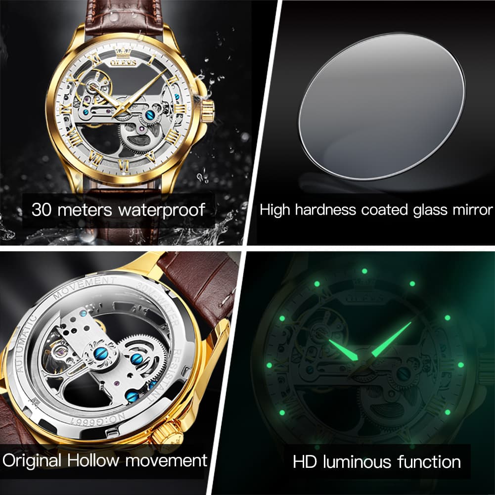 OLEVS 6661 Leather Skeleton Mechanical Watch for Men