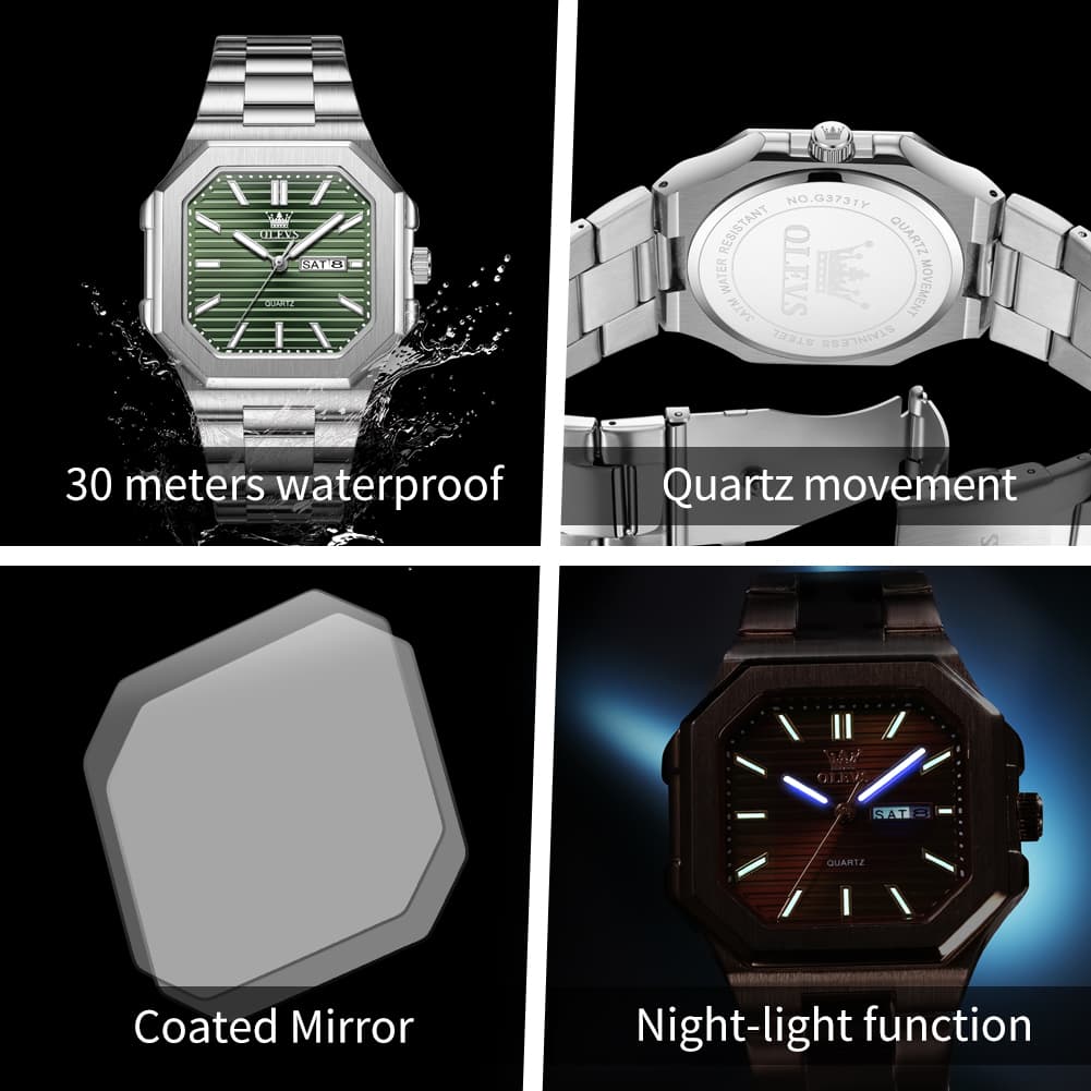 OLEVS 3731 Square Ribbed Dial Luminous Quartz Watch for Men