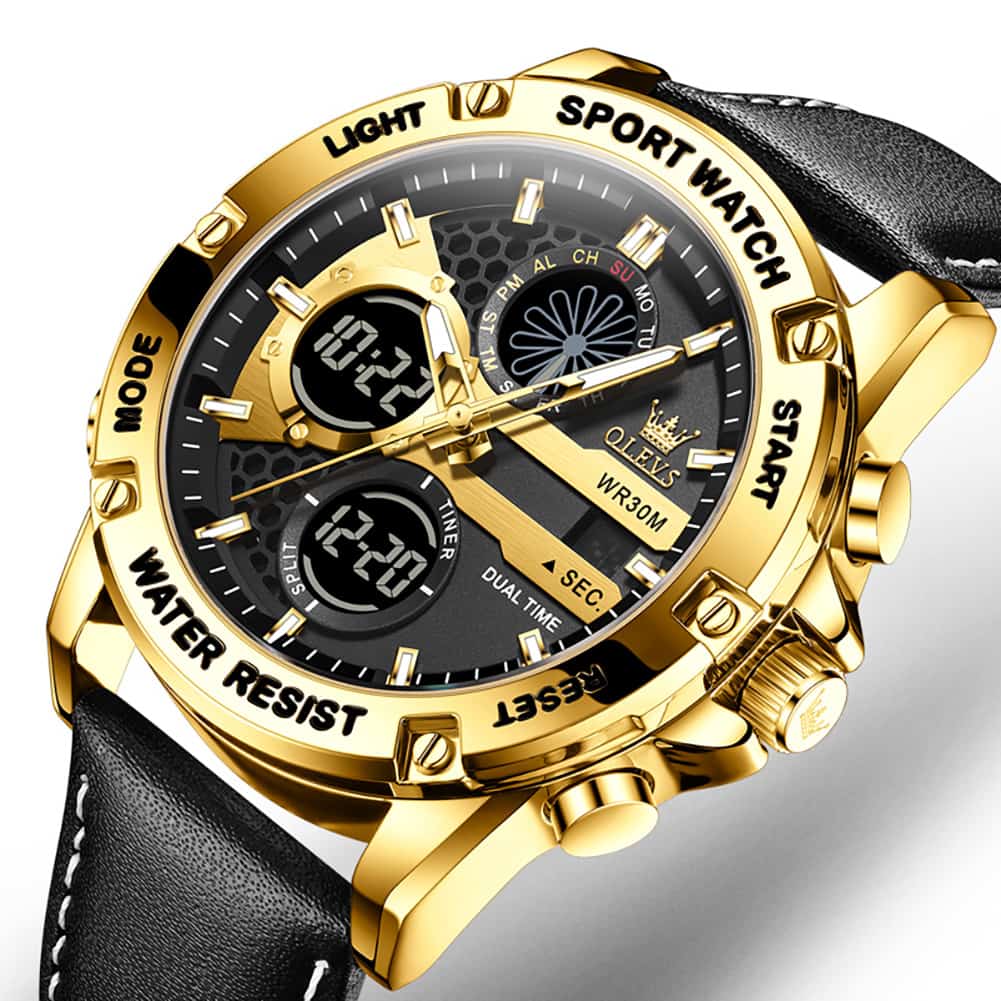 OLEVS 1110 Rugged Dual Display Leather Sport Watch for Men