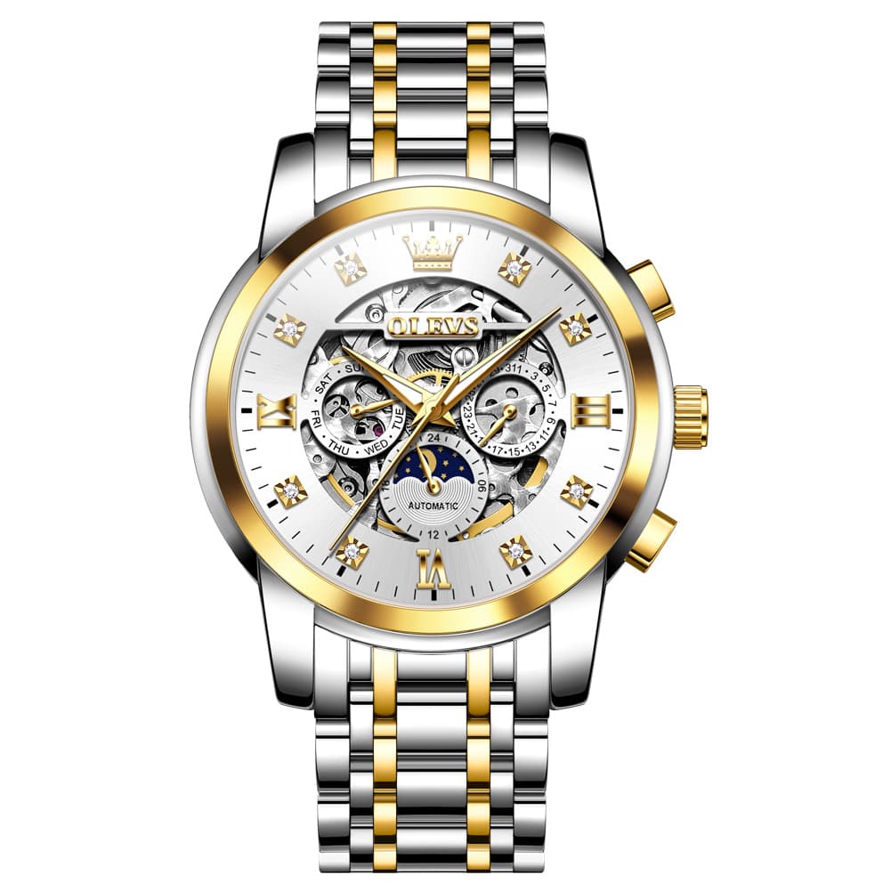 OLEVS 6721 Openwork Skeleton Diamond Dial Moon Phase Calendar Mechanical Watch For Men