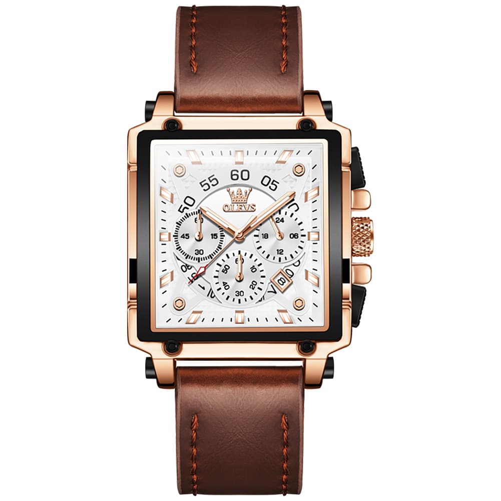 OLEVS 9919 Large Square Chronograph Leather Watch for Men