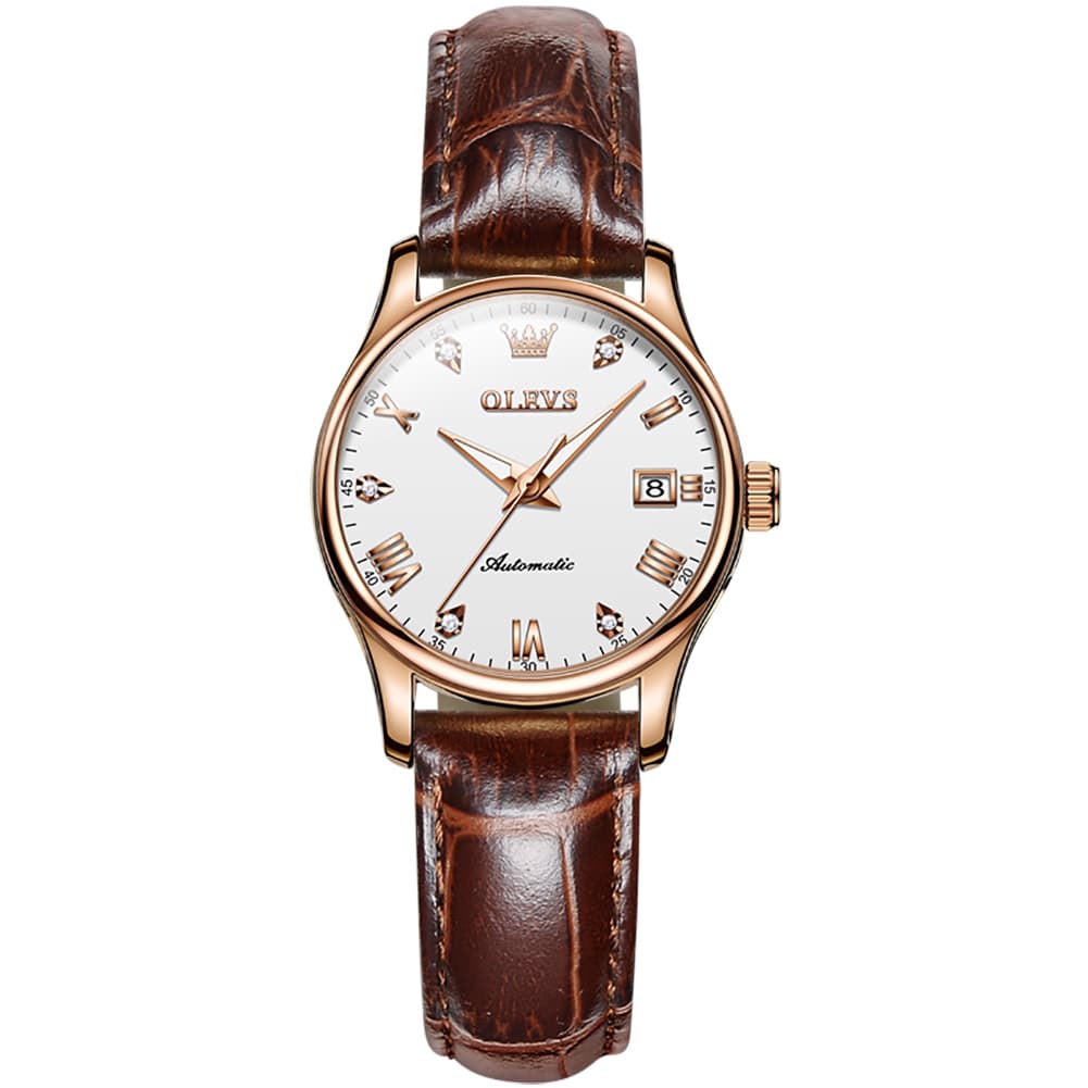 OLEVS Couple Watches Diamond Dial Automatic Mechanical Watch 9932 Leather Strap for His and Hers