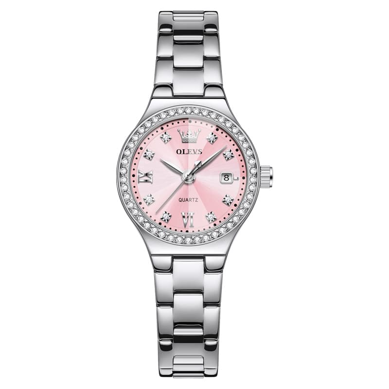 OLEVS Women Diamond Bezel Watch Petite Pastel Sunray Silver Stainless Steel Date Quartz 5628