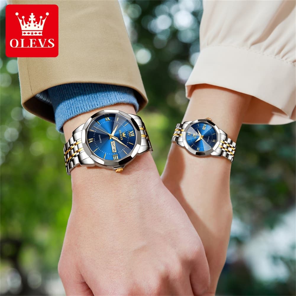 OLEVS 9989 Diamond Cut Glass Couple Dress Watch for Men and Women