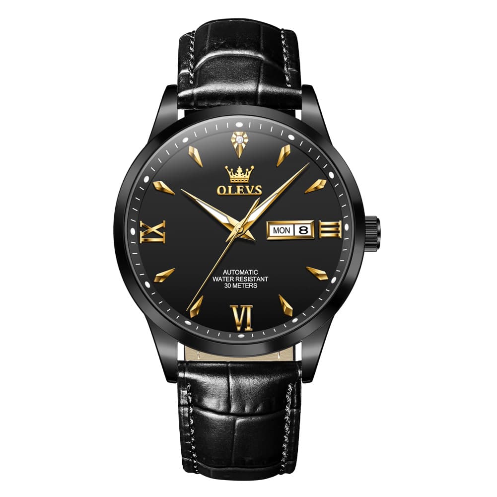 OLEVS Diamond Dial Day Date Automatic Mechanical Watch 9956 Leather Strap for Men