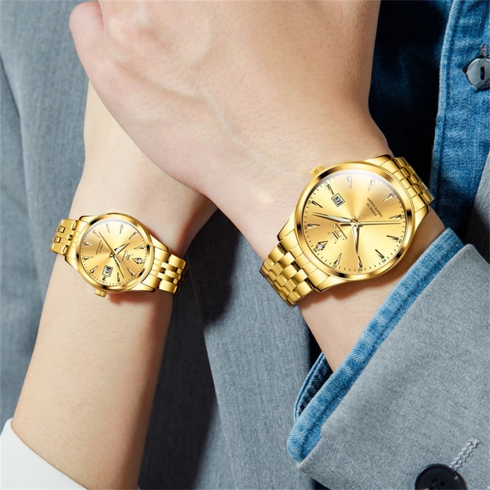 OLEVS Couple Watch Faceted Crystal Two Tone Stainless Steel Date Quartz 5598
