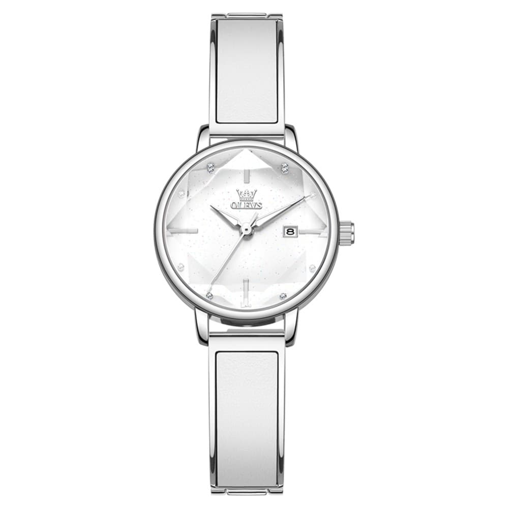 OLEVS 5656 Diamond Cut Faceted Crystal Quartz Watch Leather or Steel Bracelet Elegant Dress Timepiece for Women