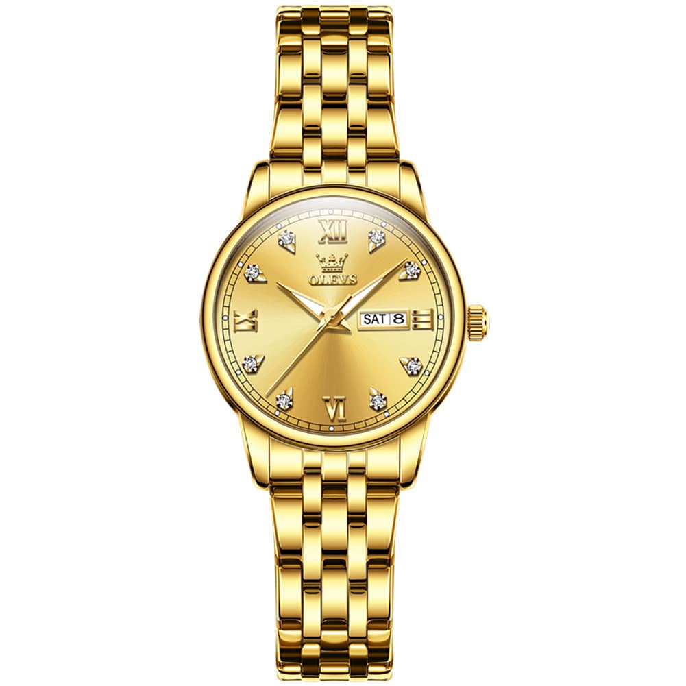OLEVS Couple Watches Diamond Dial Day Date Quartz Watch 5525 Steel Band for His and Hers