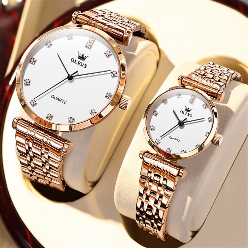 OLEVS Couple Watch Faceted Crystal Diamond Marker Stainless Steel Quartz 5596