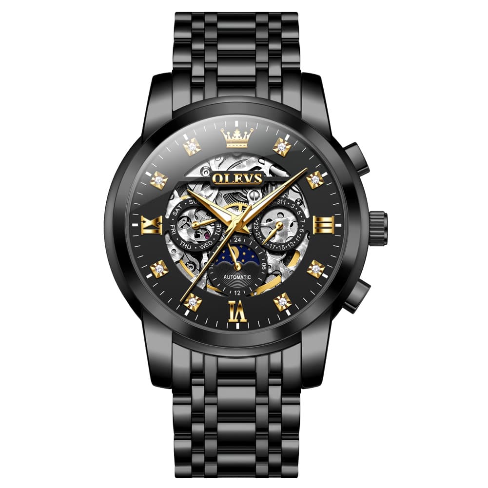 OLEVS 6721 Openwork Skeleton Diamond Dial Moon Phase Calendar Mechanical Watch For Men