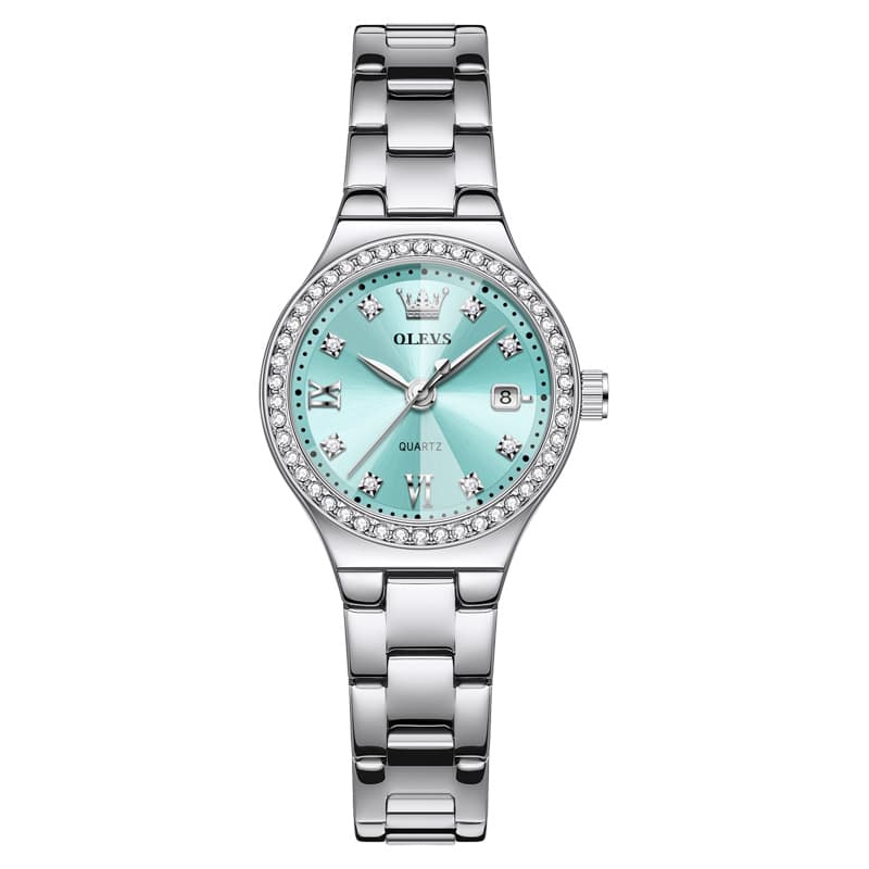 OLEVS Women Diamond Bezel Watch Petite Pastel Sunray Silver Stainless Steel Date Quartz 5628