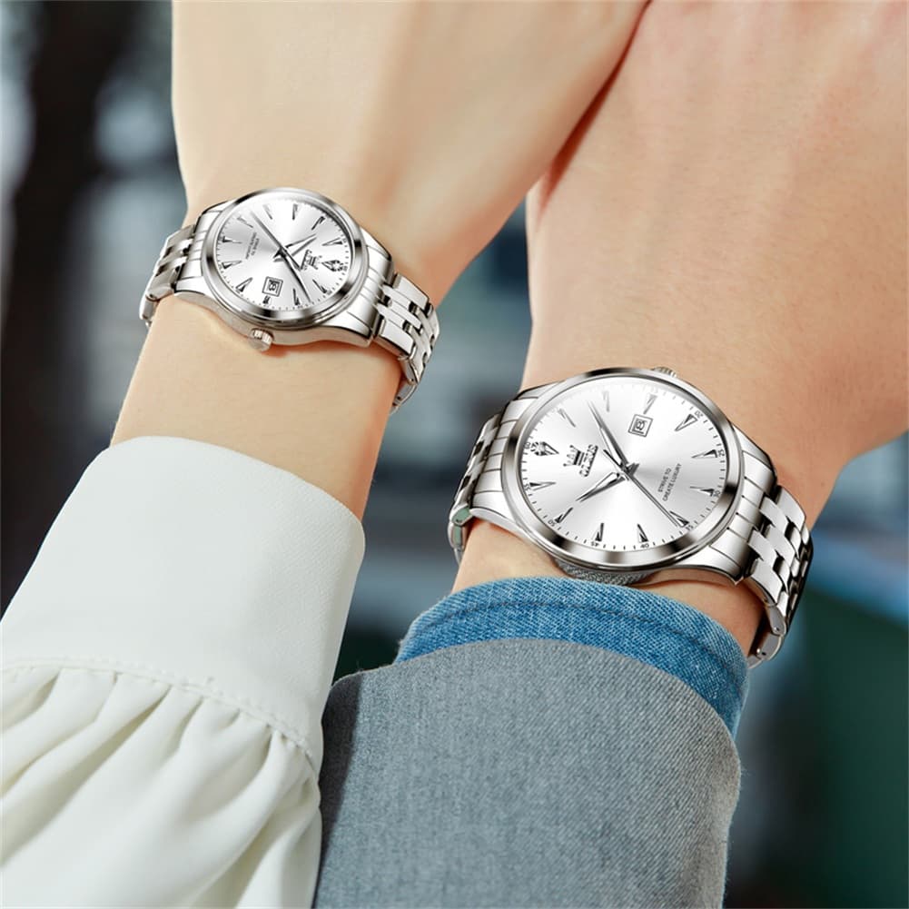 OLEVS Couple Watch Faceted Crystal Two Tone Stainless Steel Date Quartz 5598