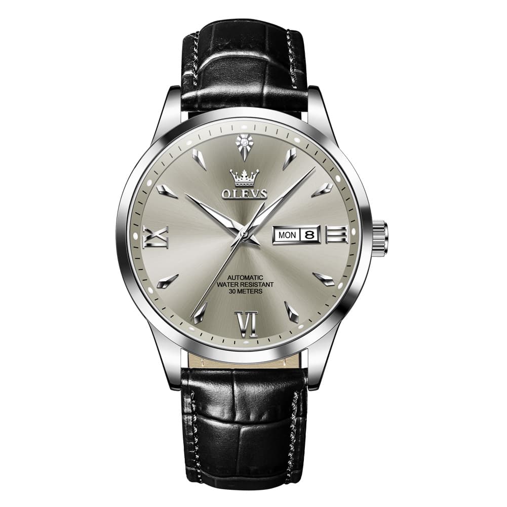 OLEVS Diamond Dial Day Date Automatic Mechanical Watch 9956 Leather Strap for Men
