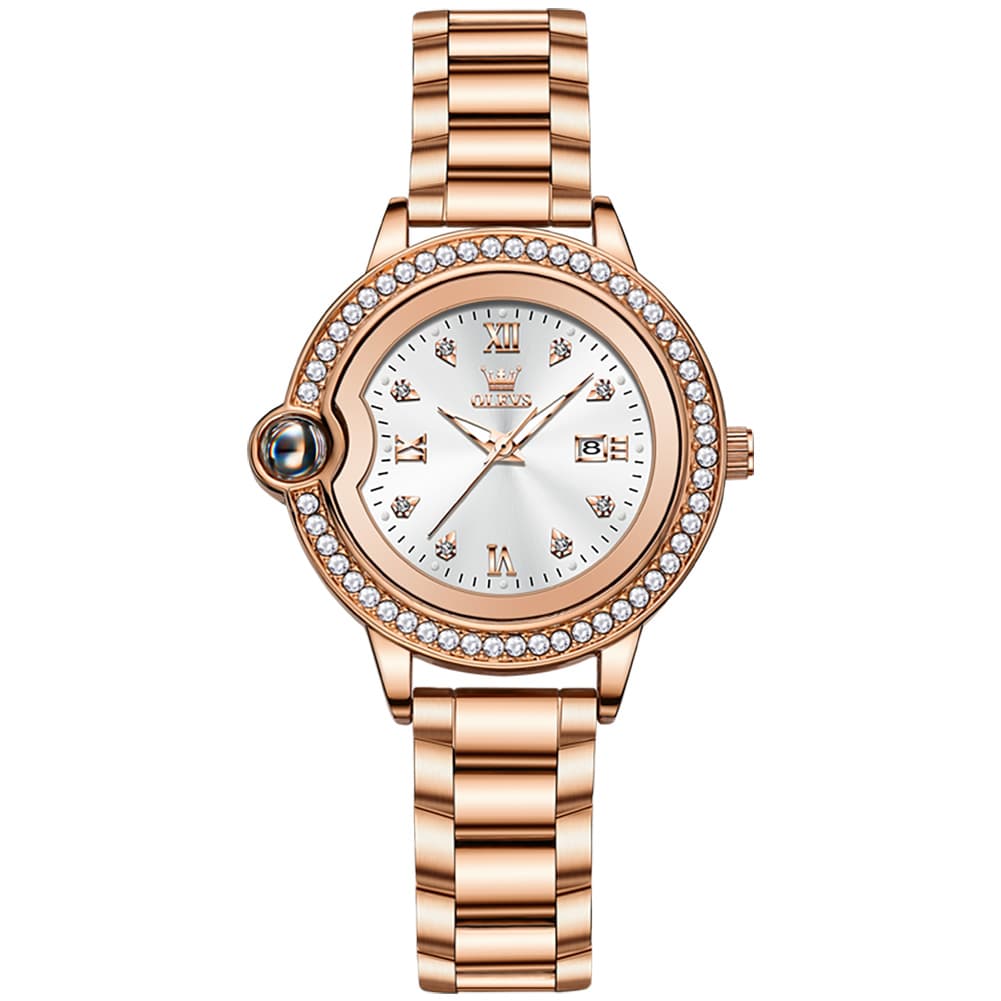 OLEVS Women Diamond Bezel Watch Cabochon Crown Rose Gold Quartz Date 5588