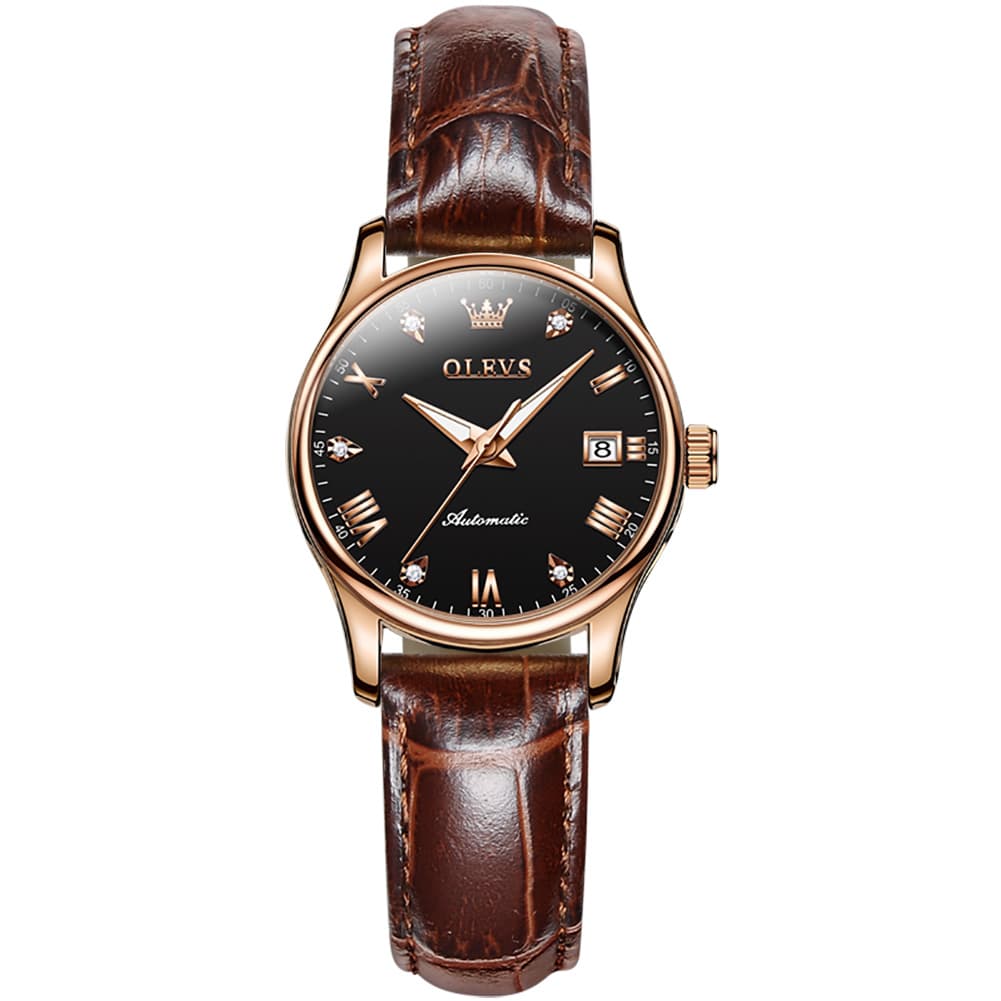 OLEVS Couple Watches Diamond Dial Automatic Mechanical Watch 9932 Leather Strap for His and Hers