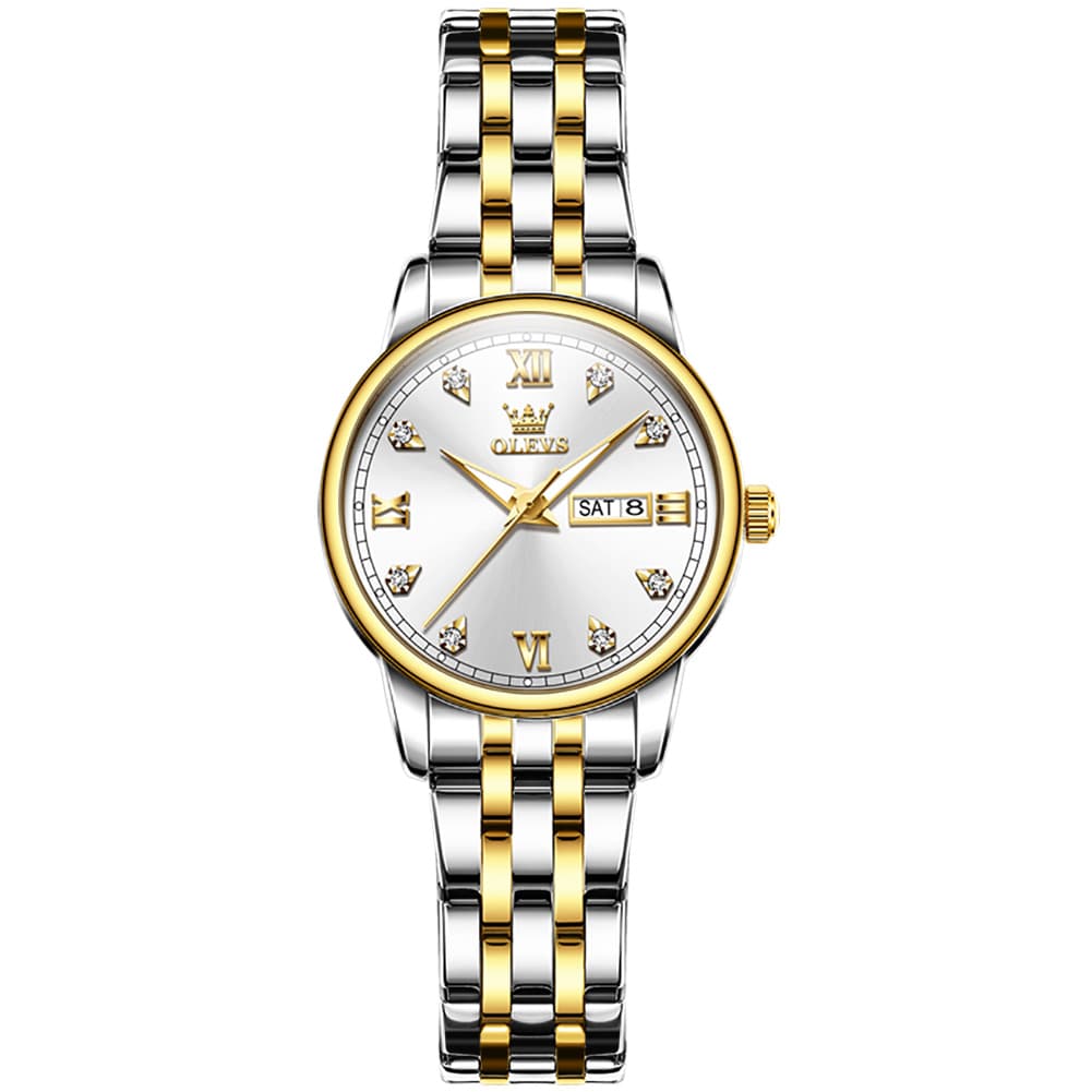 OLEVS Couple Watches Diamond Dial Day Date Quartz Watch 5525 Steel Band for His and Hers