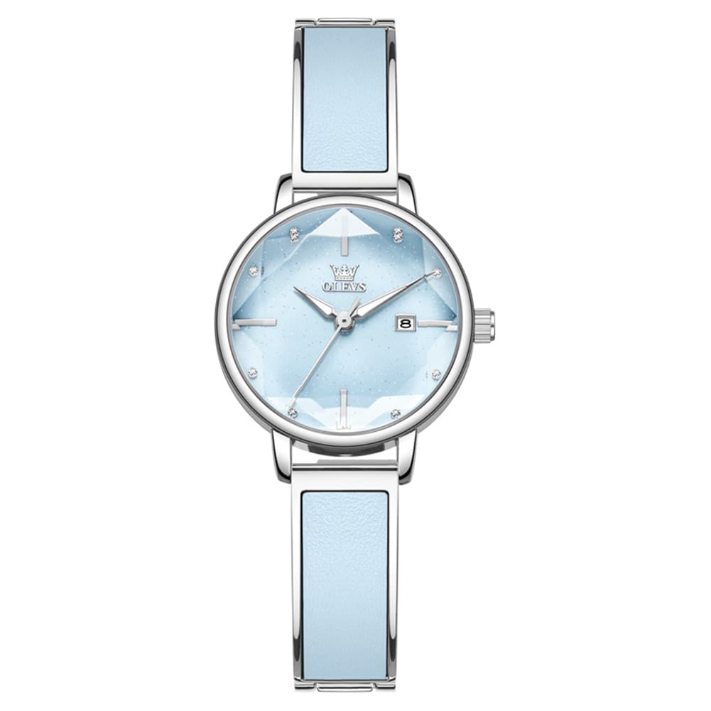 OLEVS 5656 Diamond Cut Faceted Crystal Quartz Watch Leather or Steel Bracelet Elegant Dress Timepiece for Women