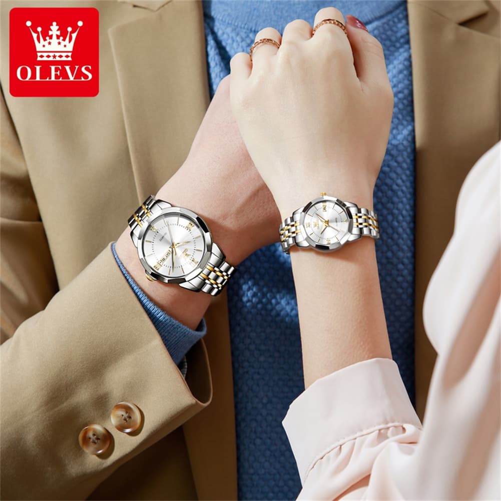OLEVS 9989 Diamond Cut Glass Couple Dress Watch for Men and Women