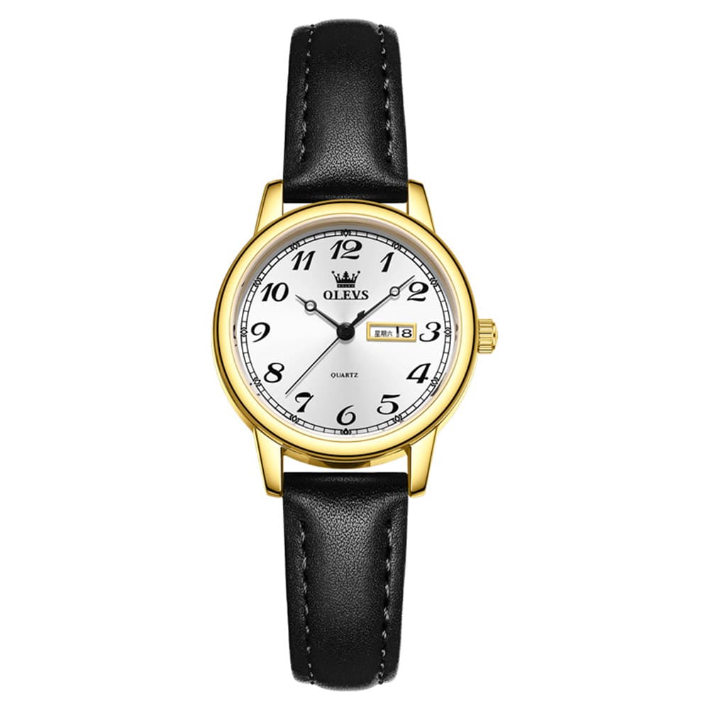 OLEVS 5662 Petite Vintage Quartz Watch Day Date Leather Strap Elegant Dress Timepiece for Women