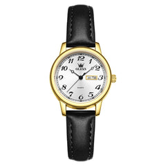 OLEVS 5662 Petite Vintage Quartz Watch Day Date Leather Strap Elegant Dress Timepiece for Women