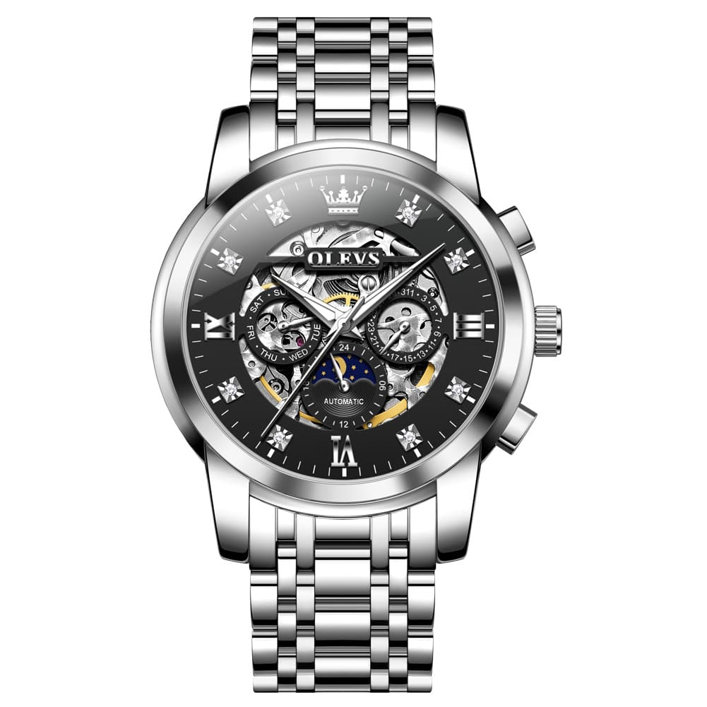 OLEVS 6721 Openwork Skeleton Diamond Dial Moon Phase Calendar Mechanical Watch For Men