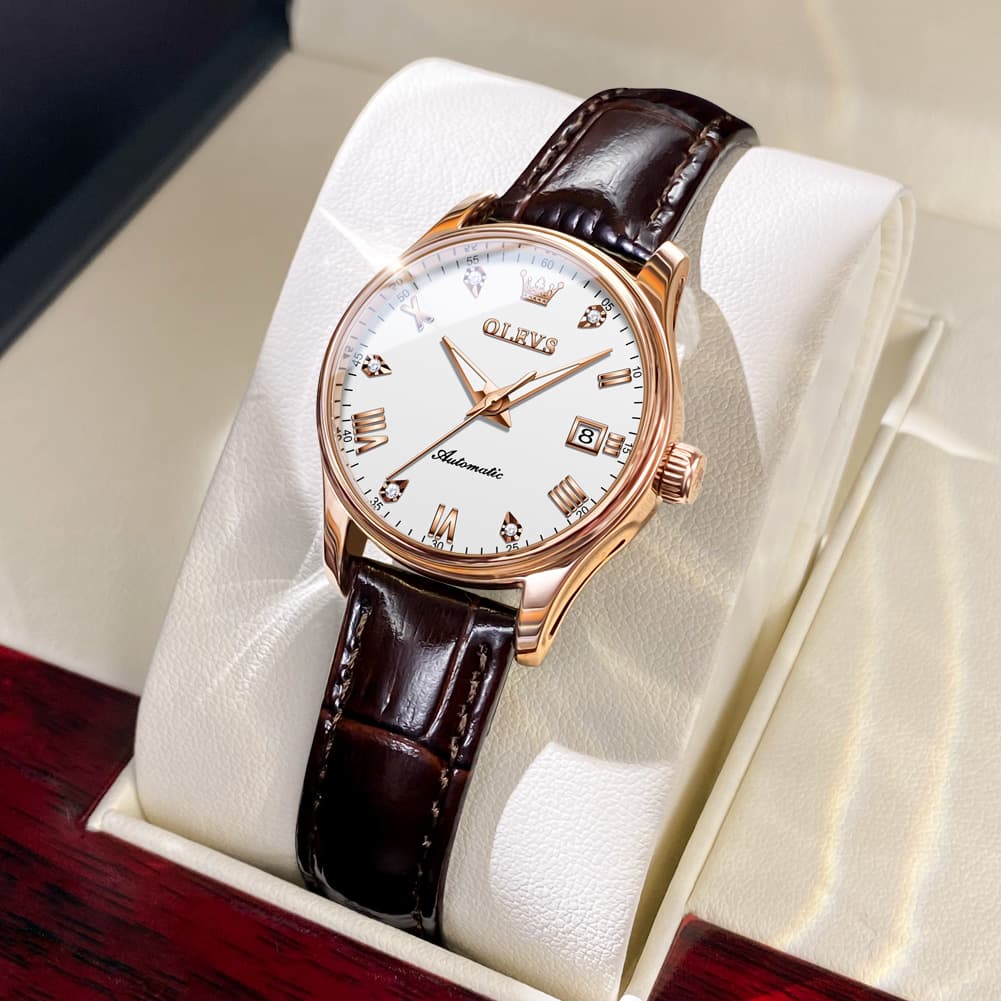OLEVS Couple Watches Diamond Dial Automatic Mechanical Watch 9932 Leather Strap for His and Hers