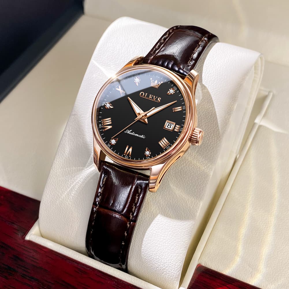 OLEVS Couple Watches Diamond Dial Automatic Mechanical Watch 9932 Leather Strap for His and Hers