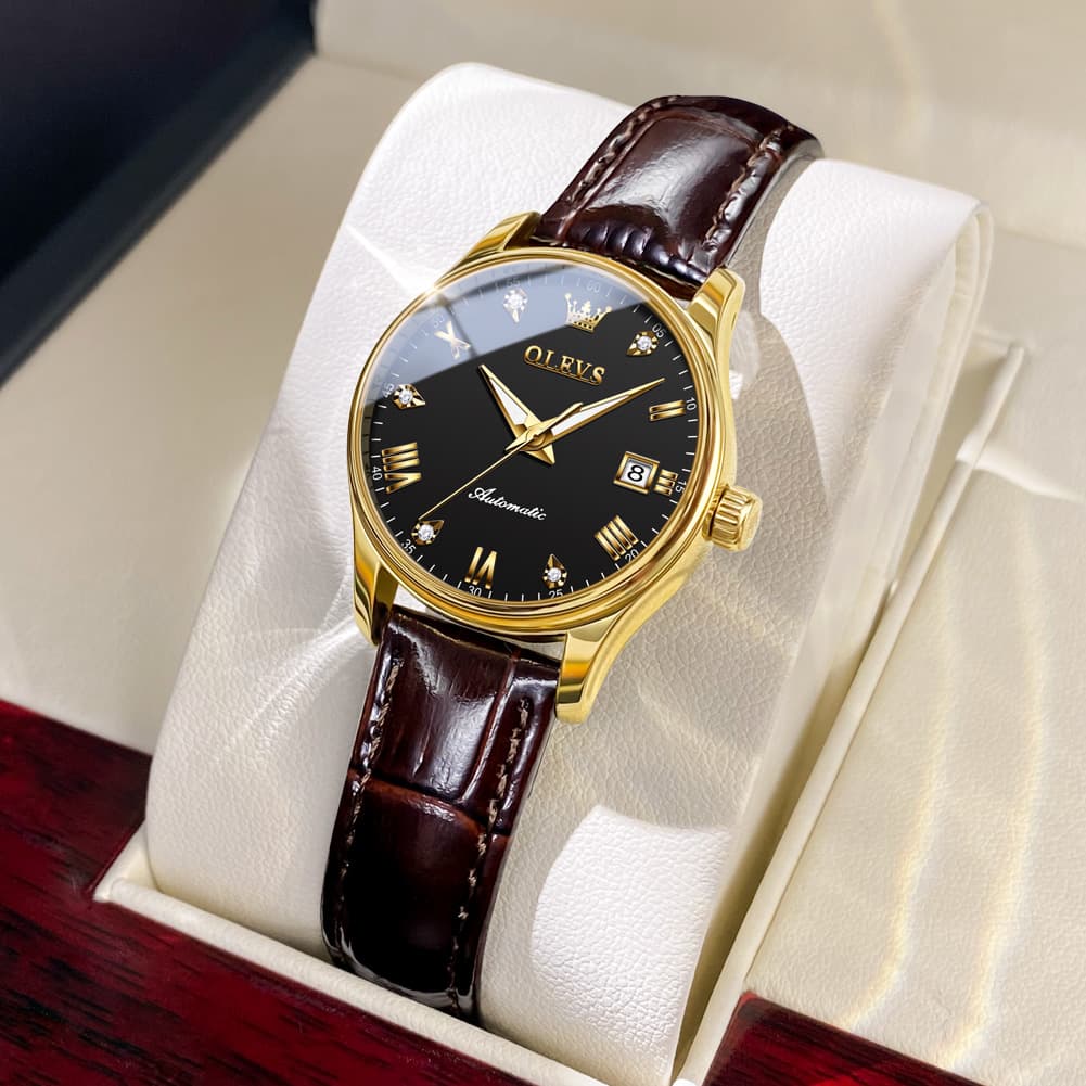 OLEVS Couple Watches Diamond Dial Automatic Mechanical Watch 9932 Leather Strap for His and Hers