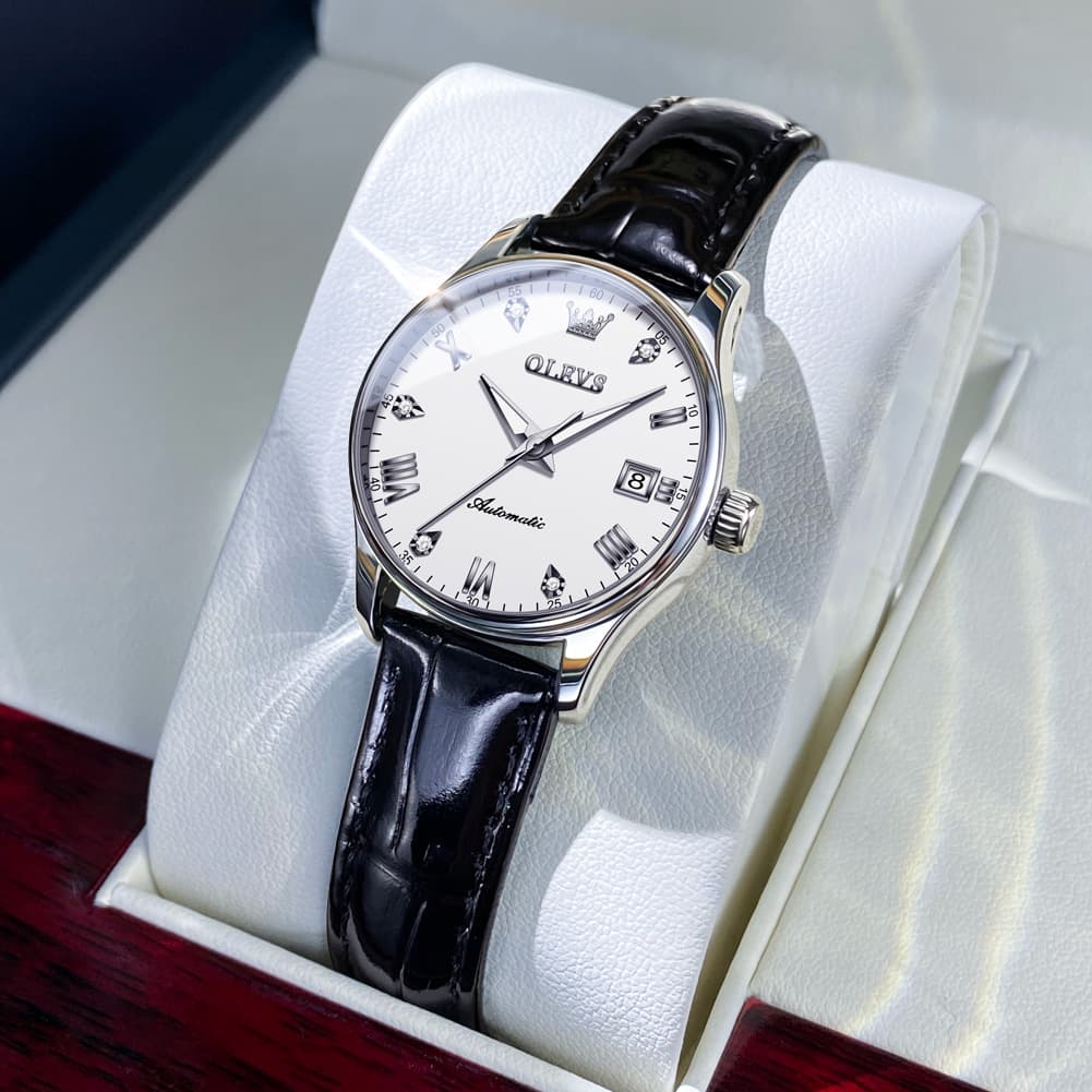 OLEVS Couple Watches Diamond Dial Automatic Mechanical Watch 9932 Leather Strap for His and Hers