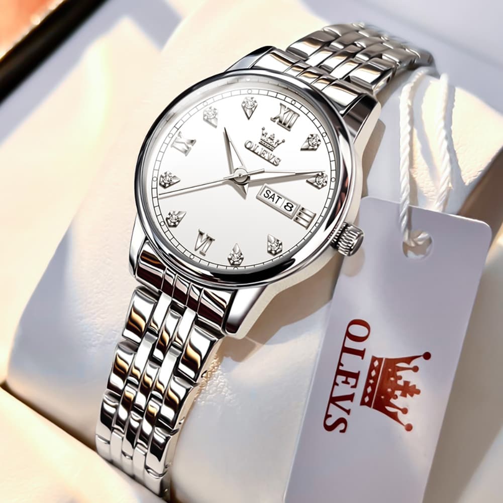 OLEVS Couple Watches Diamond Dial Day Date Quartz Watch 5525 Steel Band for His and Hers