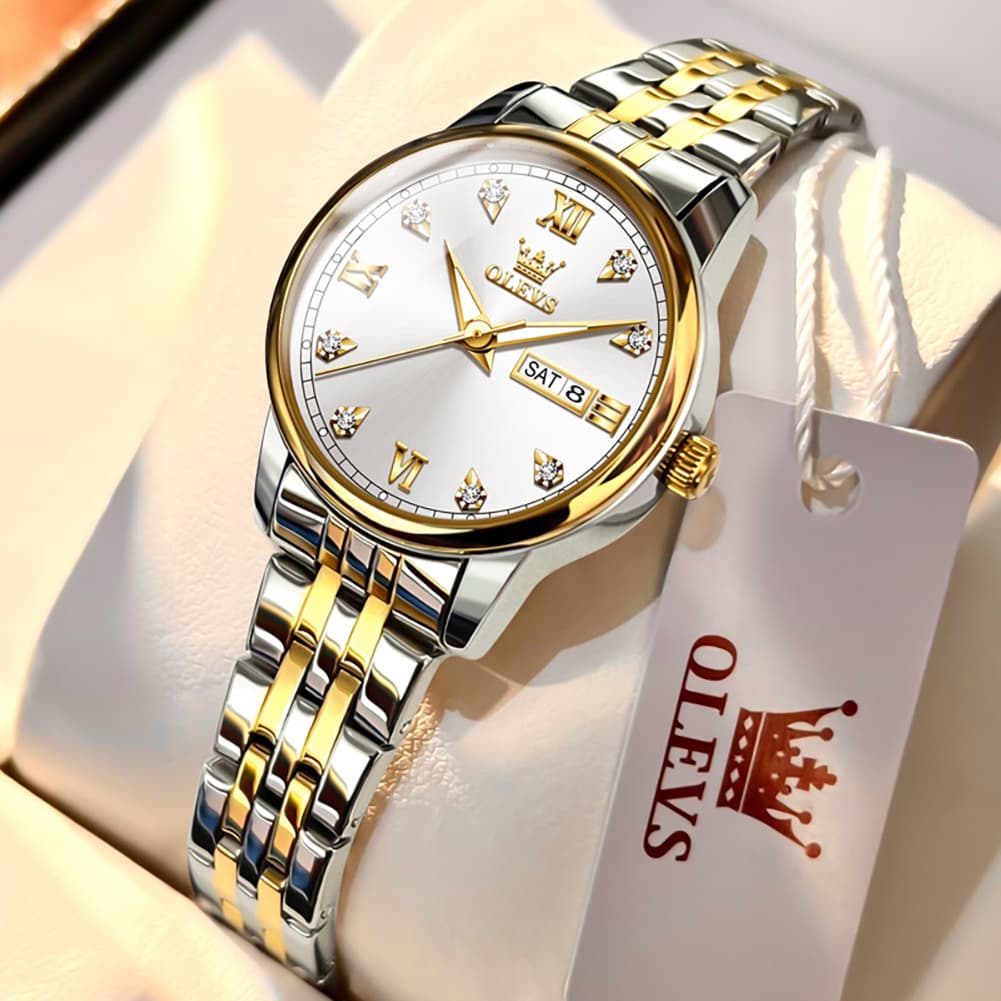 OLEVS Couple Watches Diamond Dial Day Date Quartz Watch 5525 Steel Band for His and Hers